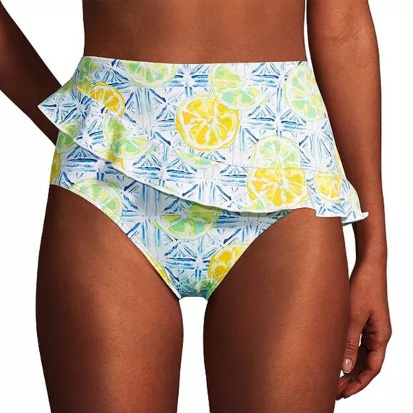 Lands End 4 Twist Front Underwire Tankini Skirt Bottoms Swimsuit Set Lemons Blue - Picture 2 of 13
